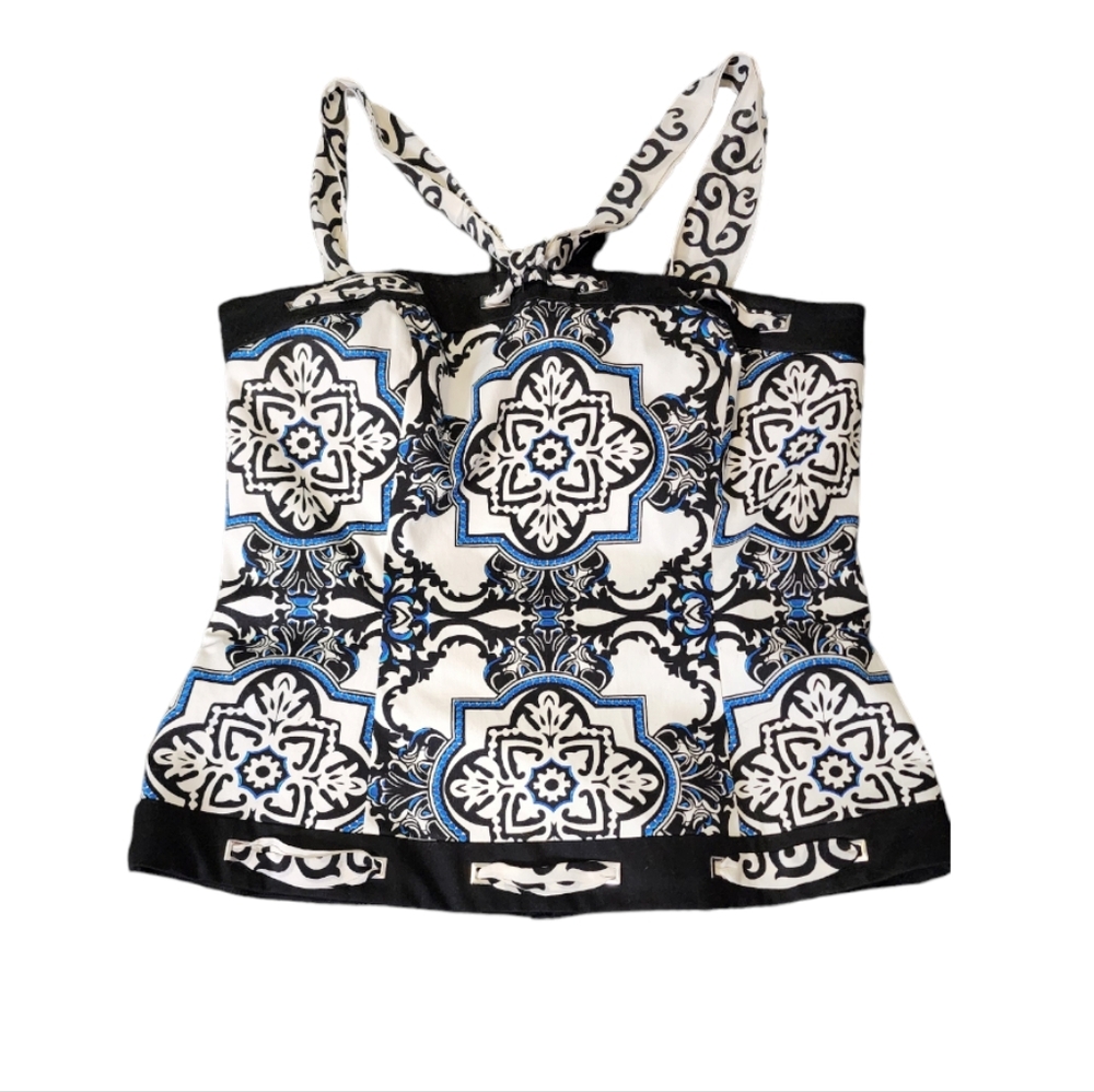 White House Black Market Black, White, and Blue Bustier with Halter Tie, Size 8
